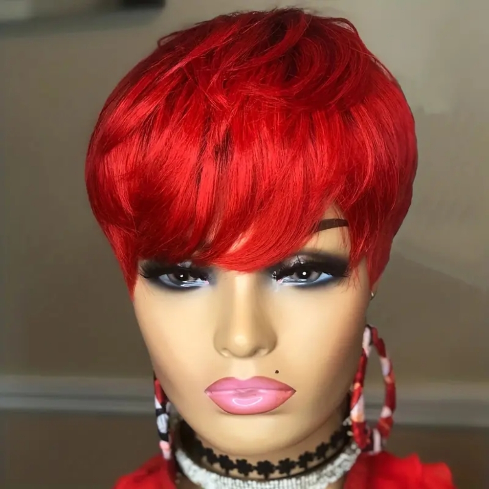 180% Density 1B/Red Layered Pixie Cut Wavy Short Human Hair Wigs with Bangs